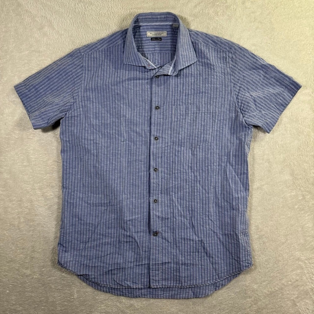 Williams & Kent Mens Large Seersucker Short Sleeve Button Up Striped Linen Blend